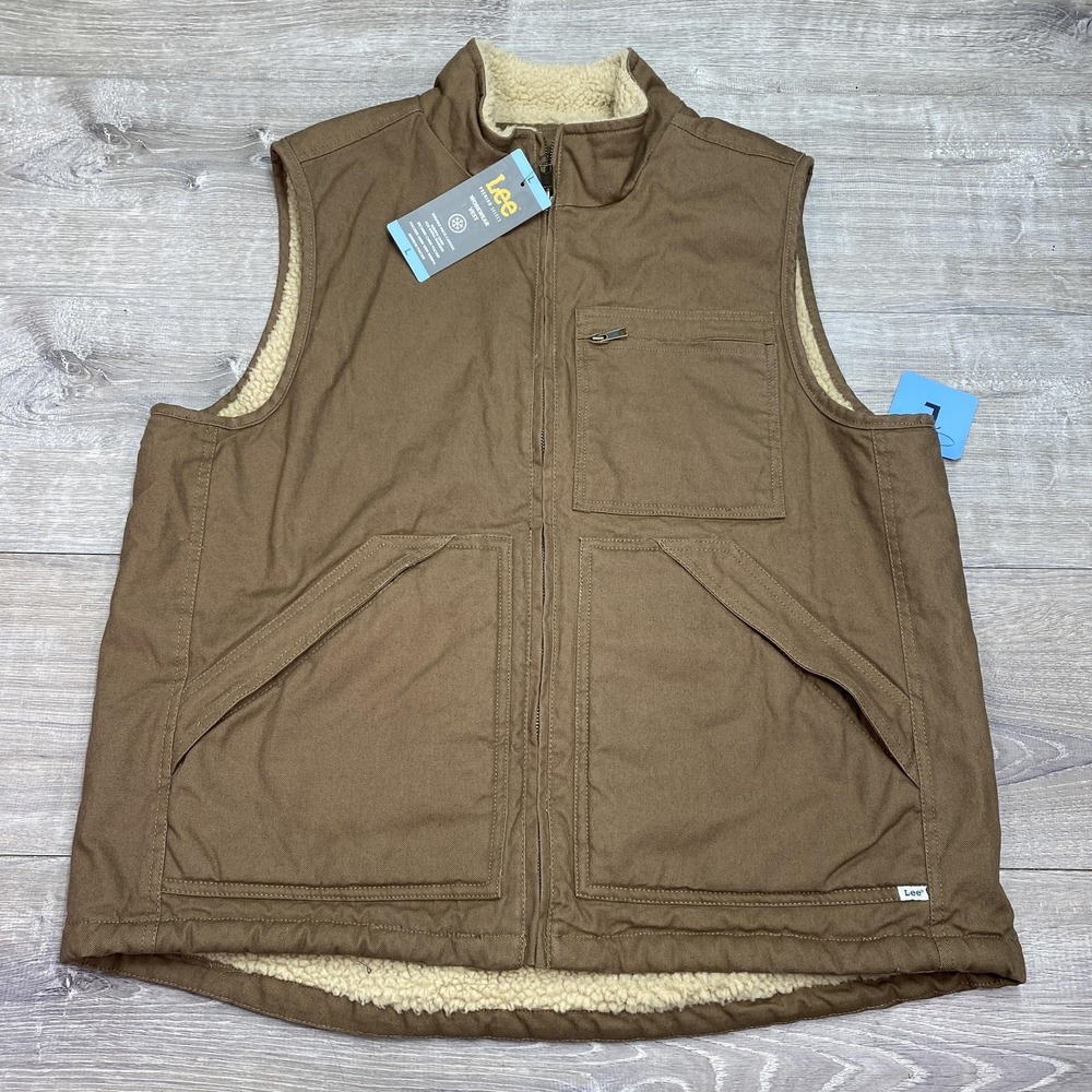 Lee Vest Mens Large‎ Brown Canvas Sherpa Lined Insulated Workwear Full Zip